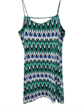 Robert Louis Slip Dress Womens 3X  Green Blue White Chevron Pattern Lined Casual